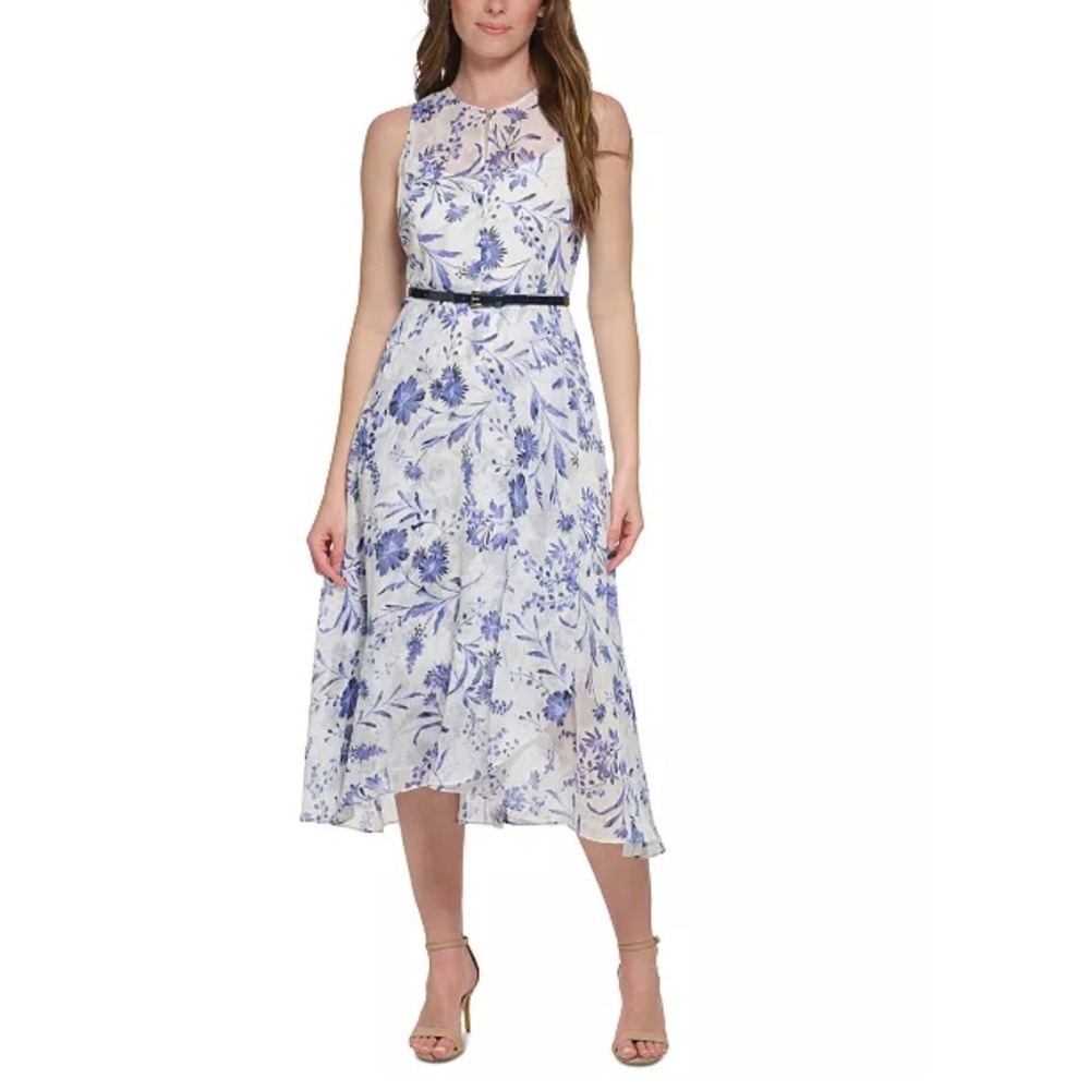 SoftGirl Floral Botanical Belted Midi Dress GardenParty HandkrchiefHem Holiday
